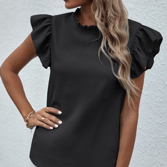 New Mock Neck Lettuce Trim Ruffle Blouse Black - Picture 2 of 7